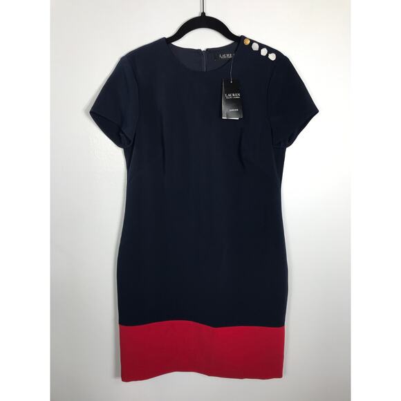 New Ralph Lauren Kusmae Two-Tone Button Trim Crepe Shift Dress Navy Red 2 - Picture 2 of 15
